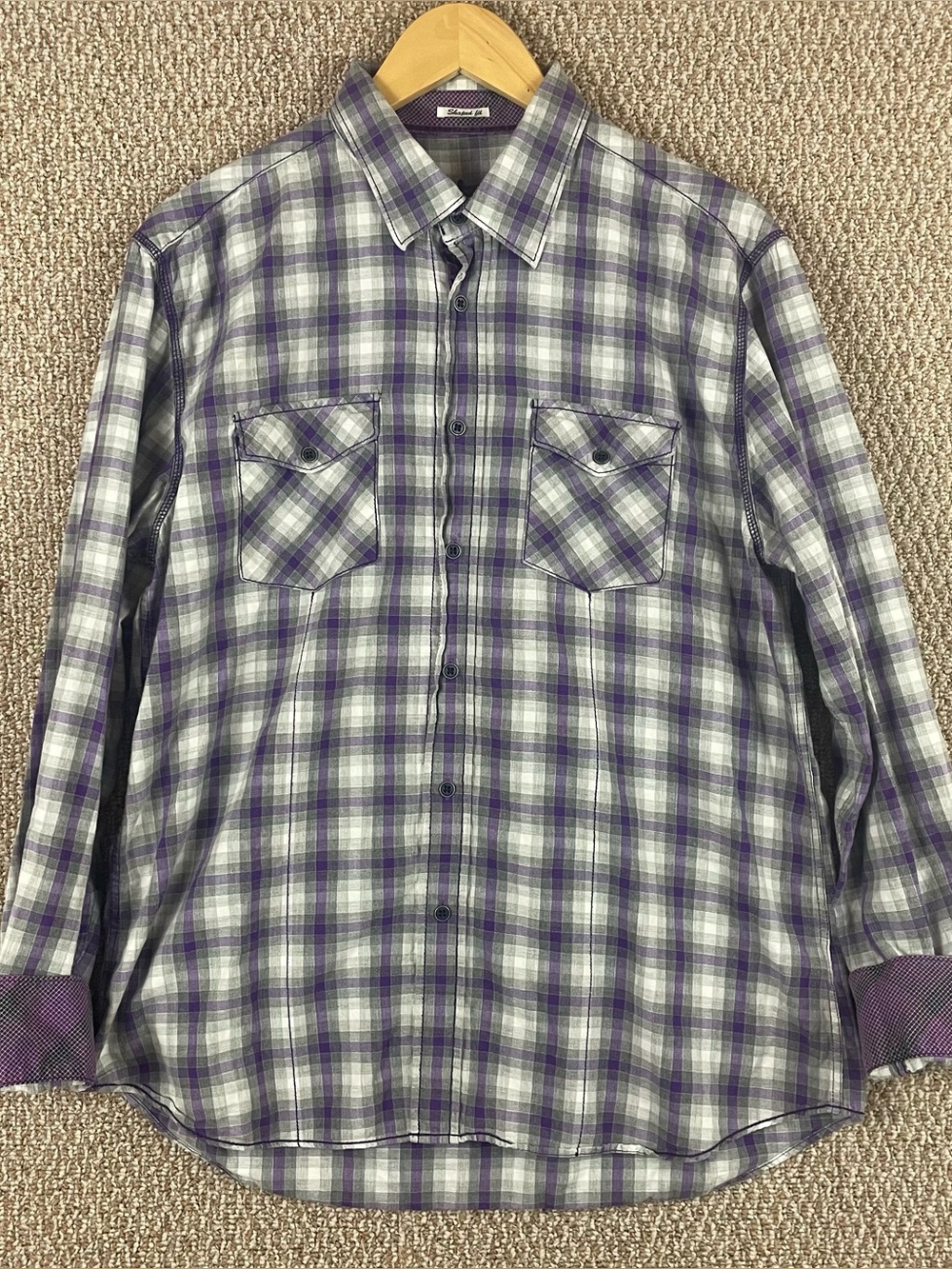 Bugatchi Shirt Large Gray Purple Flip Cuff Long Sleeve Shaped Fit Button F200